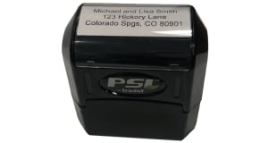 Enlarged view of 3 line pre-inked address stamp