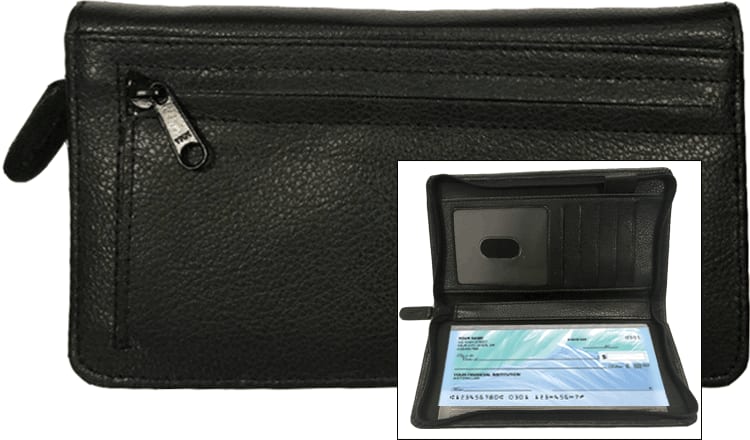 Black Zippered Leather Checkbook Organizer - click to view larger image